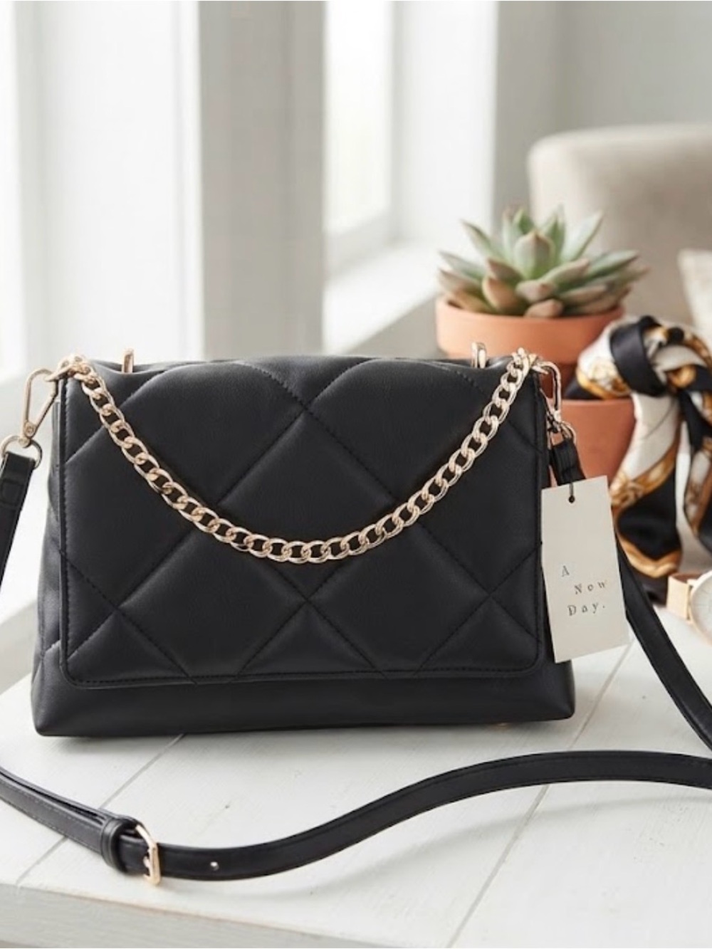 A New Day Black Quilted Faux Leather Crossbody Shoulder Bag Gold Chain